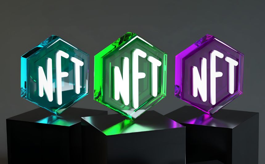 NFTの文字が入った物体が3つ並んでいる