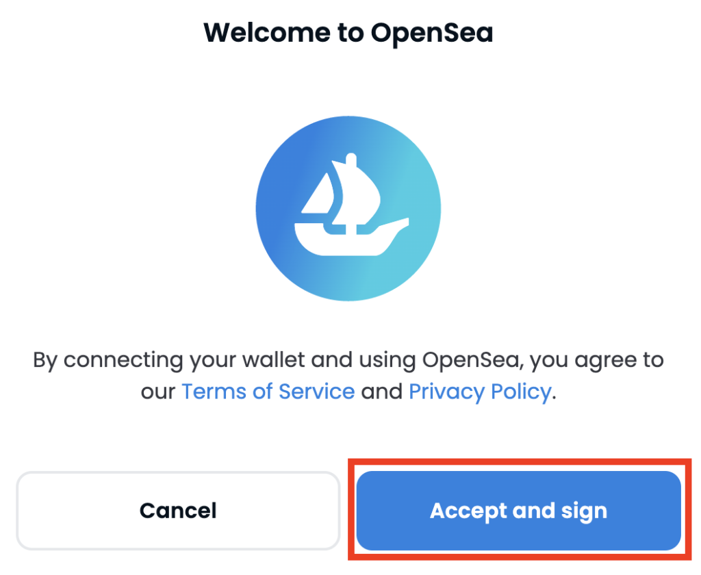 OpenSeaにてウォレットの接続とプライバシーポリシーに同意する画面