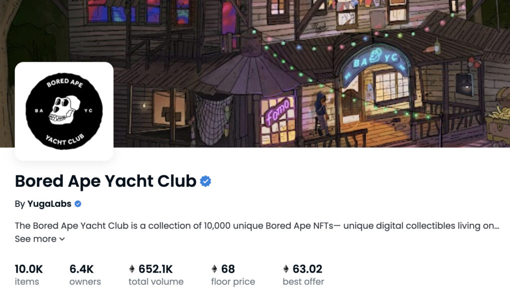 OpenSeaのBAYC（Bored Ape Yacht Club）のページ