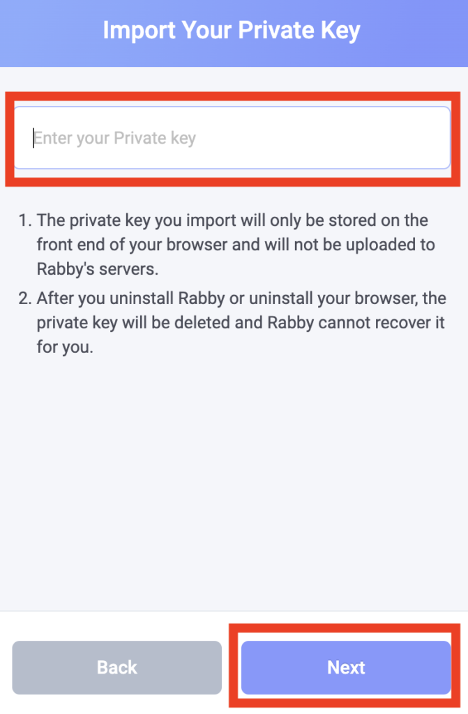 Rabbyで「Import Your Private Key」が表示されている画面