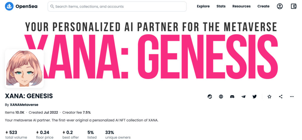 OpenSeaのXANA: GENESIS販売ページの画面