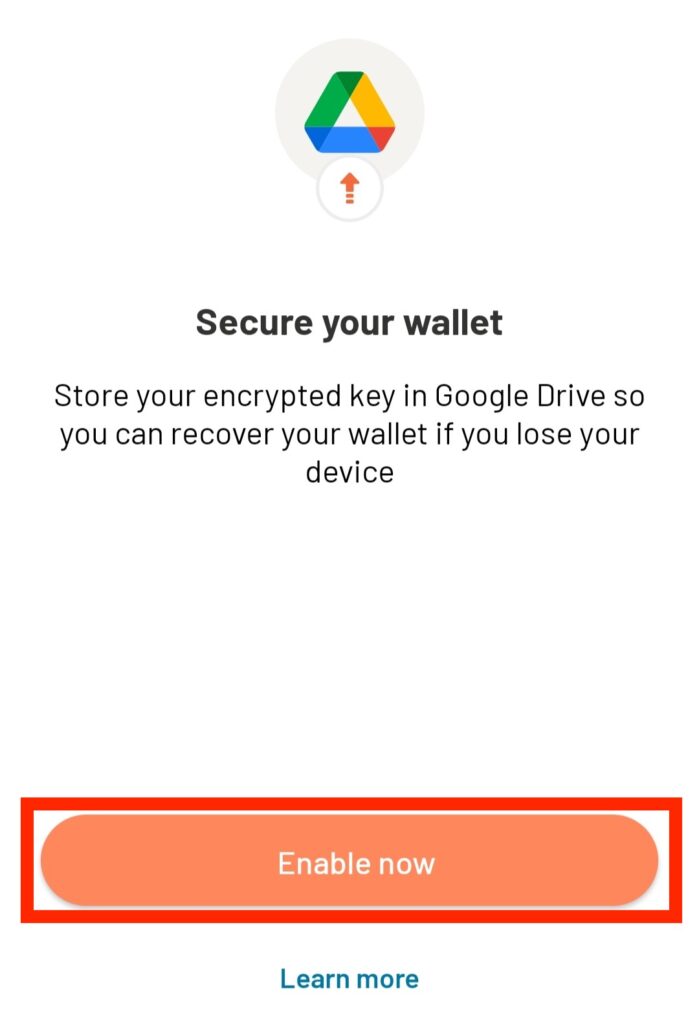 Argentのウォレット復元用の暗号キーをGoogleDriveに保存する画面