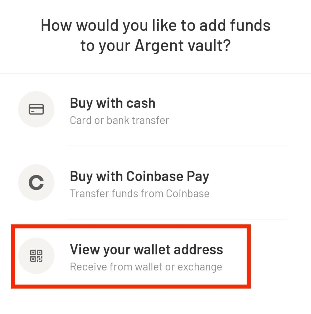 Argentで「View your wallet address」が表示されている画面