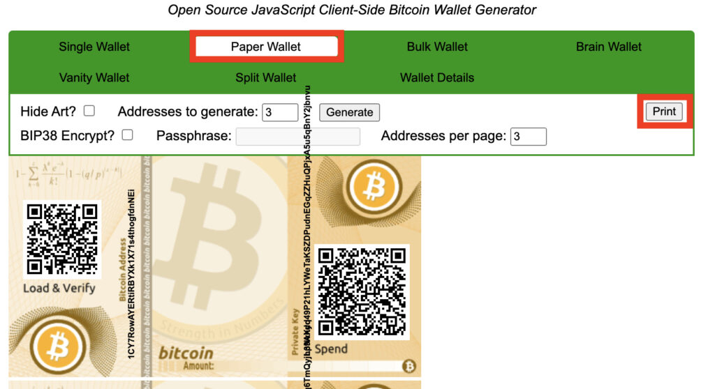 BitAddressで「Paper Wallet」をクリックした際に表示される画面