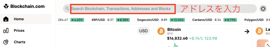 Blockchain.comでビットコインのアドレスを入力する画面