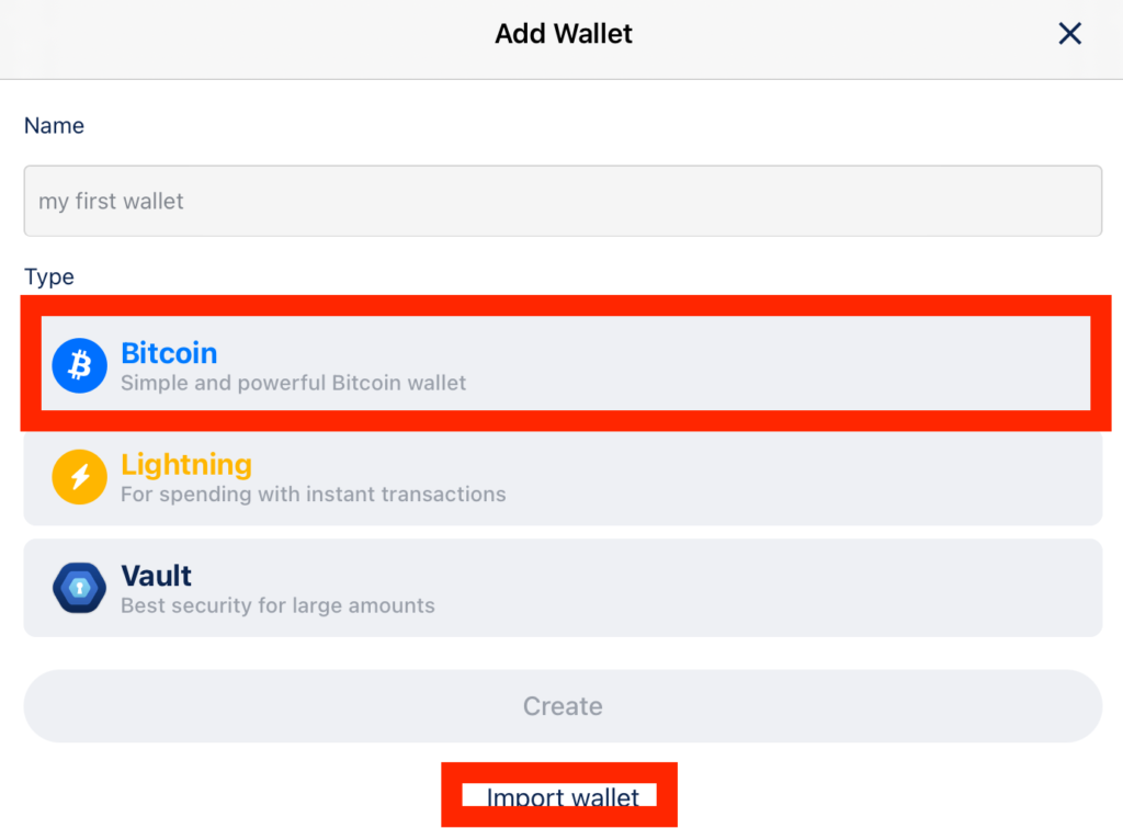 BlueWalletでビットコインウォレットをインポートする画面