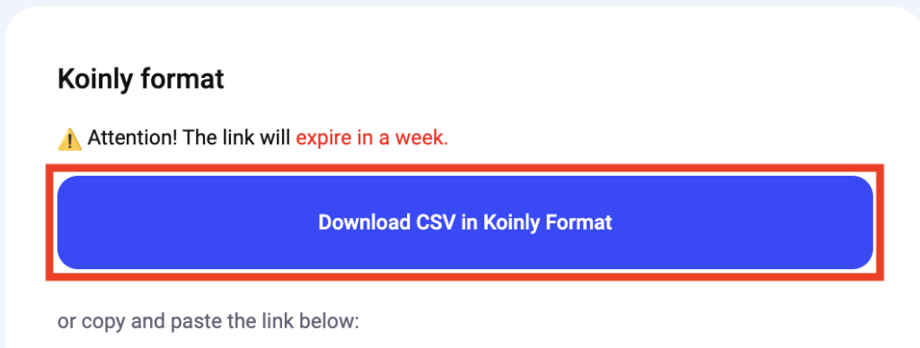 NFTBankから届いたメールに記載の「Download CSV in Koinly Formatが表示されている画面