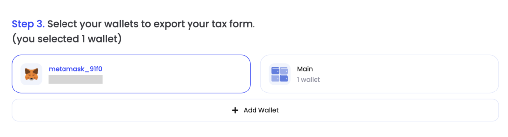 NFTBankの「Tax Filing」でウォレットを選択する画面