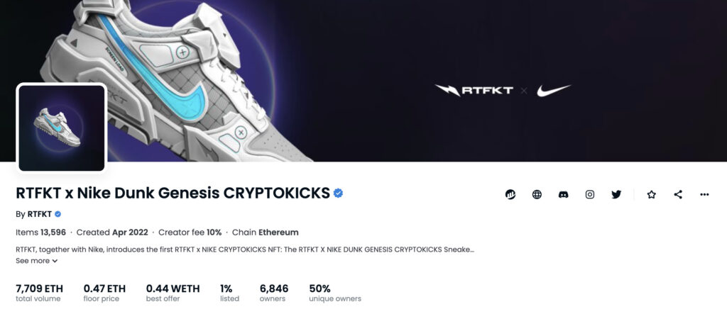 OpenSeaの「RTFKT x Nike Dunk Genesis CRYPTOKICKS」の画面