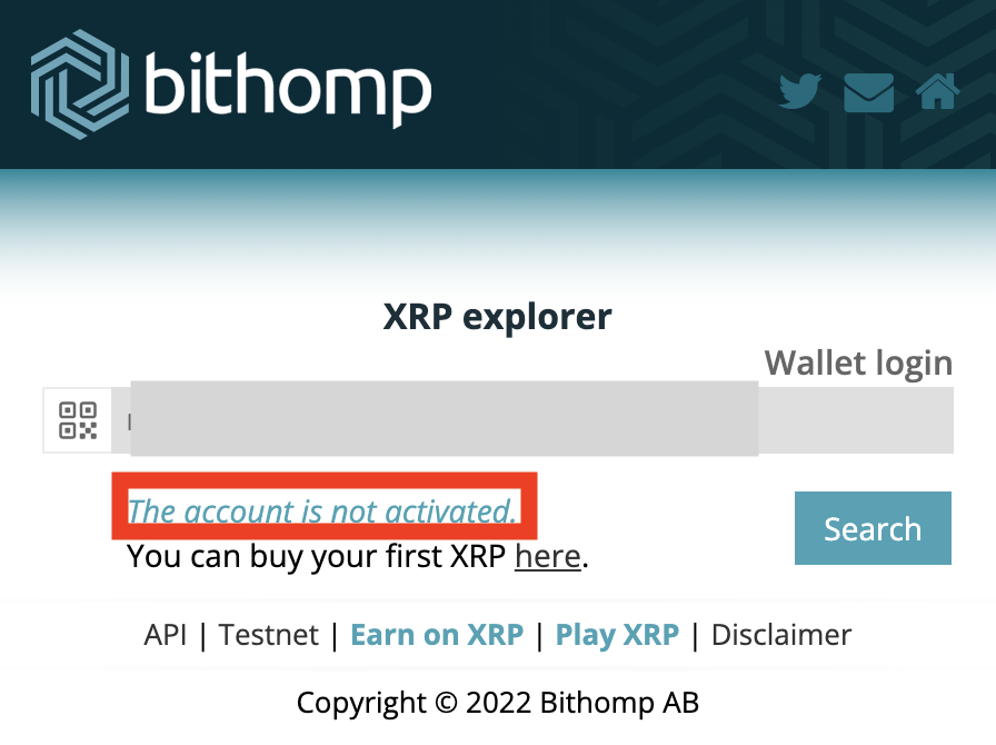 bithompでXRPのウォレットがアクティベートされていない場合に表示される画面