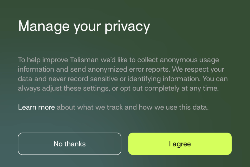 Talismanのプライバシーポリシーに同意する画面